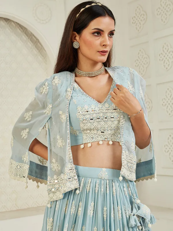 Mint blue georgette wedding style lehenga choli