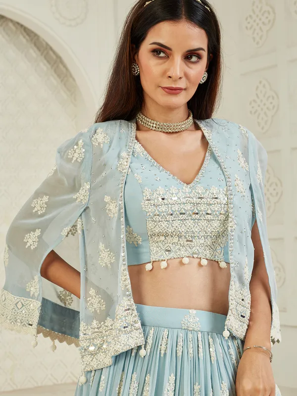 Mint blue georgette wedding style lehenga choli