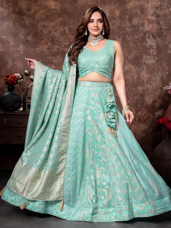 Mint blue lehenga choli in tissue silk craft
