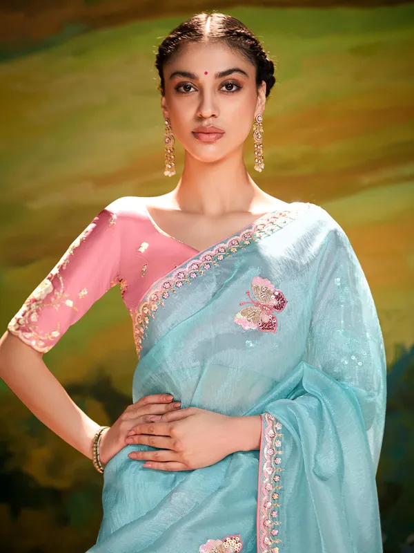 Mint blue party wear chiffon saree