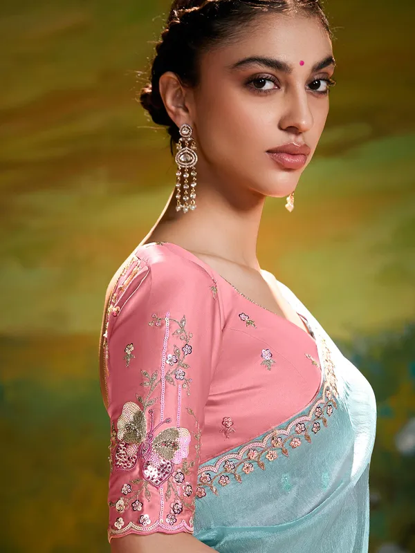 Mint blue party wear chiffon saree