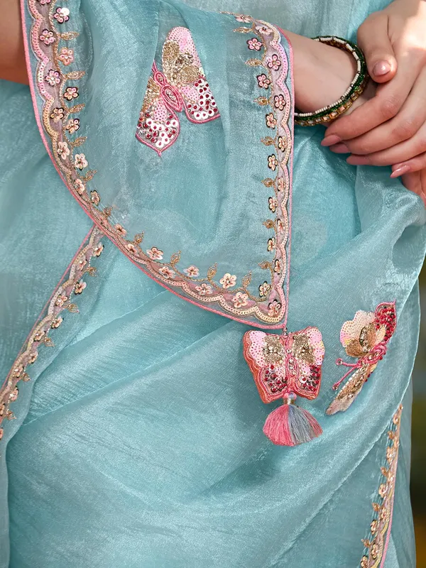 Mint blue party wear chiffon saree