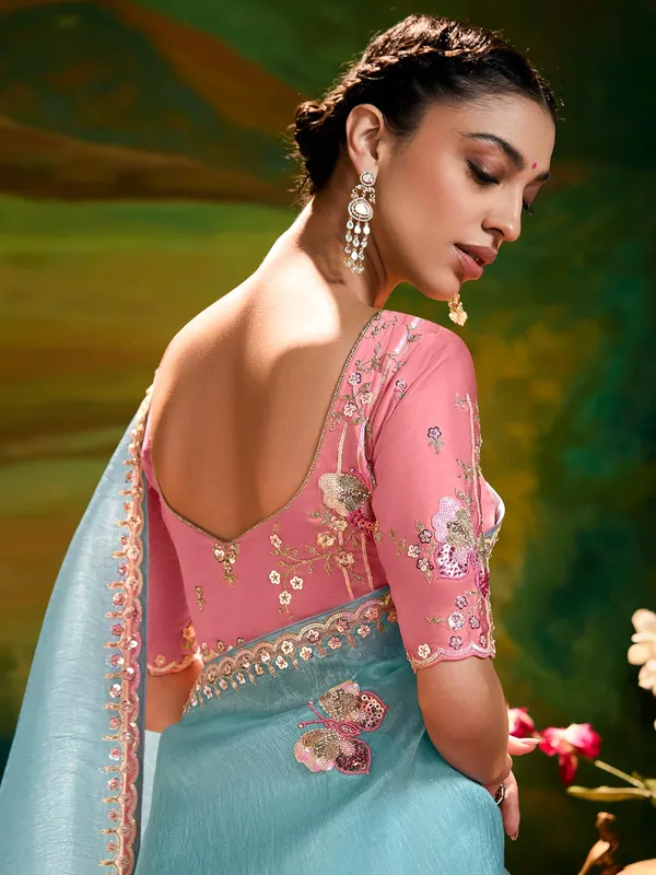 Mint blue party wear chiffon saree
