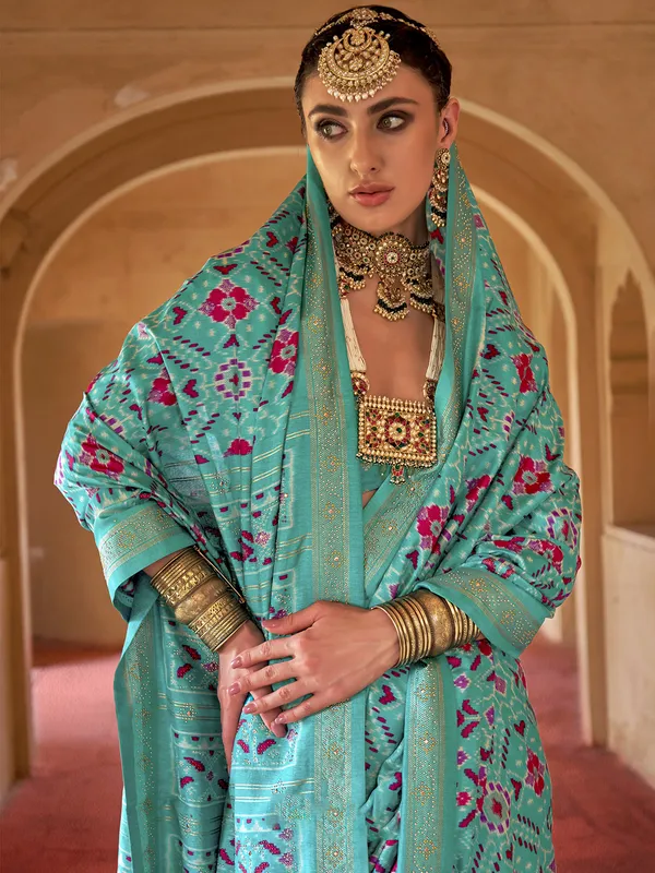 Mint blue printed patola silk