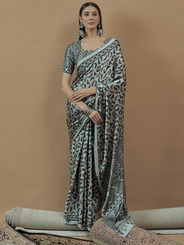 Mint blue printed saree in japan satin