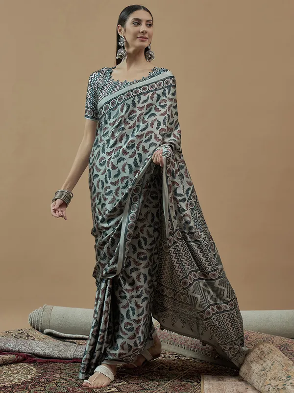 Mint blue printed saree in japan satin