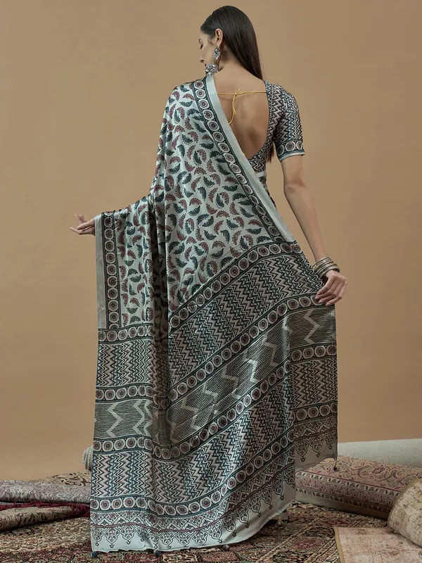 Mint blue printed saree in japan satin