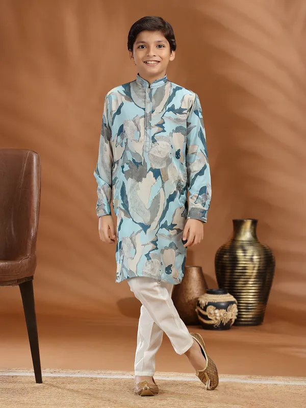Mint blue printed silk kurta suit