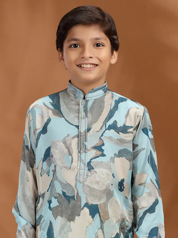 Mint blue printed silk kurta suit