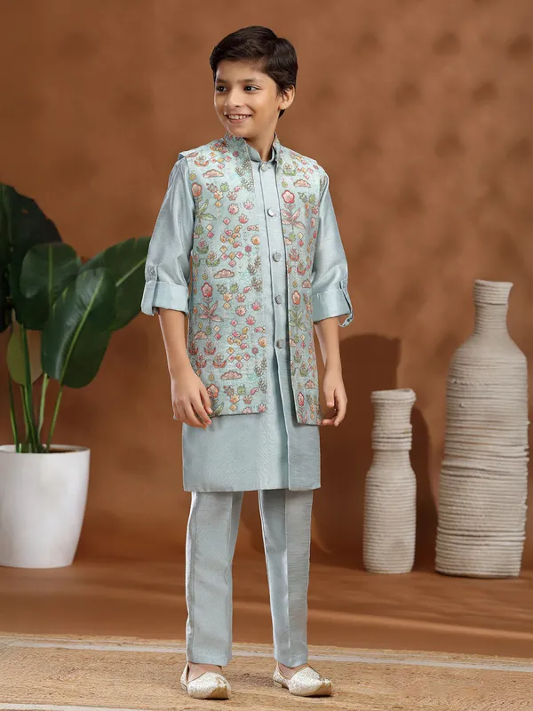 Mint blue raw silk printed waistcoat set