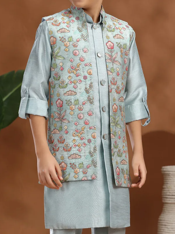 Mint blue raw silk printed waistcoat set