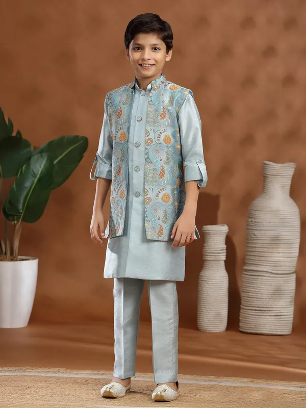 Mint blue raw silk resham work printed waistcoat set