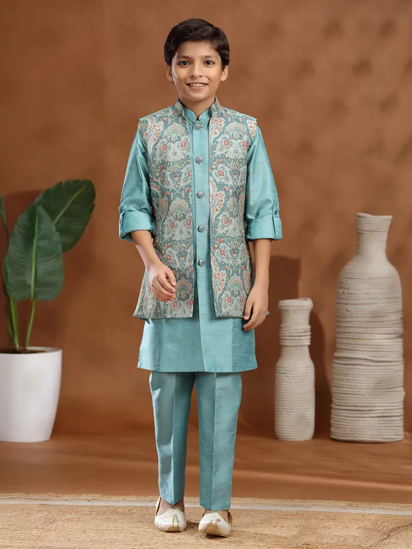 Mint blue raw silk waistcoat set for wedding