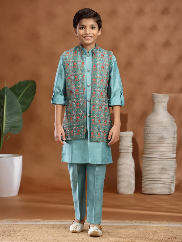 Mint blue raw silk wedding wear waistcoat set