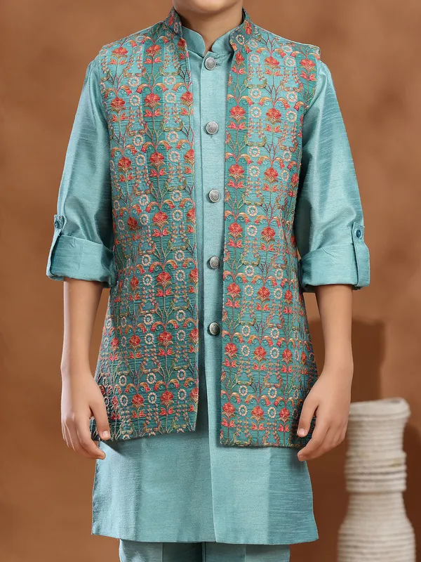 Mint blue raw silk wedding wear waistcoat set