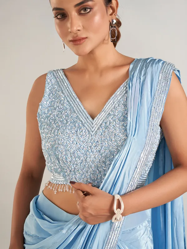Mint blue ready to wear party wear saree