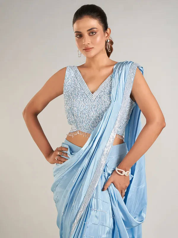Mint blue ready to wear party wear saree