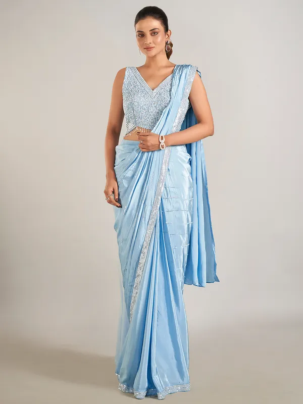 Mint blue ready to wear party wear saree
