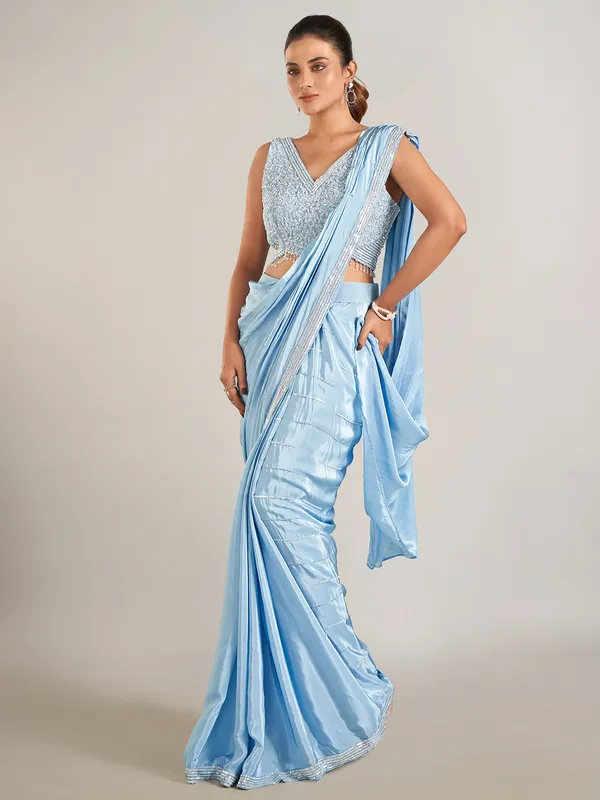 Mint blue ready to wear party wear saree