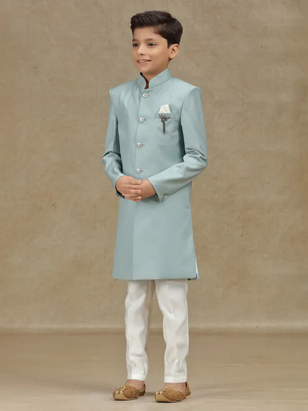 Mint blue reception ready indowestern for boys