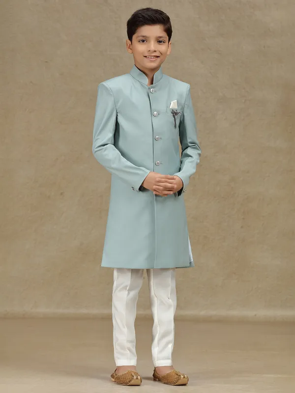Mint blue reception ready indowestern for boys