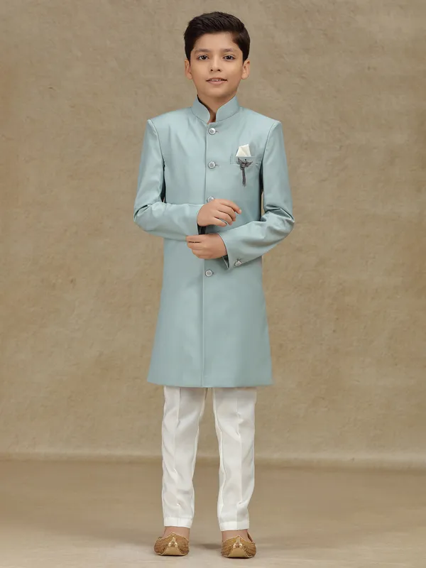 Mint blue reception ready indowestern for boys