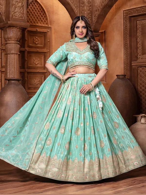 Mint blue reception wear silk lehenga choli
