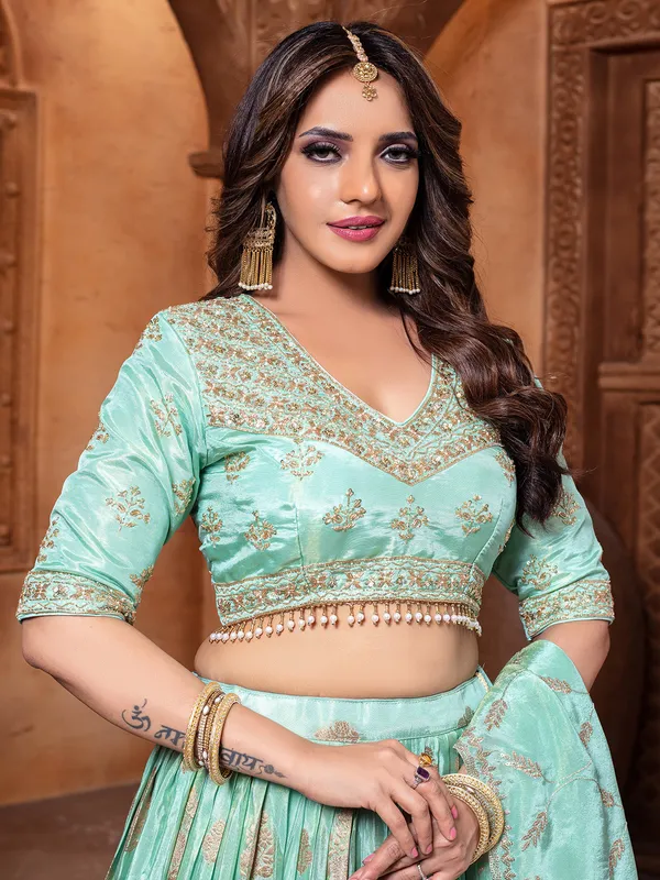 Mint blue reception wear silk lehenga choli