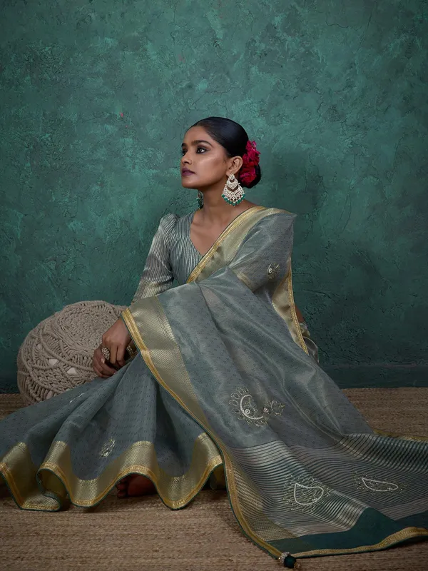Mint blue saree in linen tissue silk