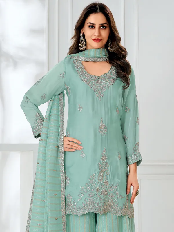 Mint blue satin palazzo suit for festive wear