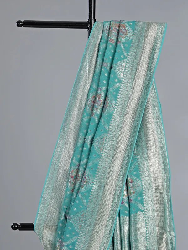 Mint blue satin silk saree with zari