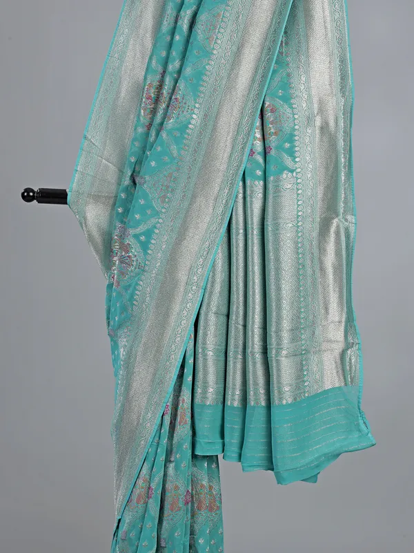 Mint blue satin silk saree with zari