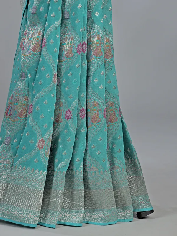 Mint blue satin silk saree with zari