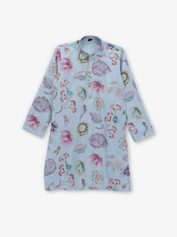 Mint blue silk boys kurta set with embroidery and floral print