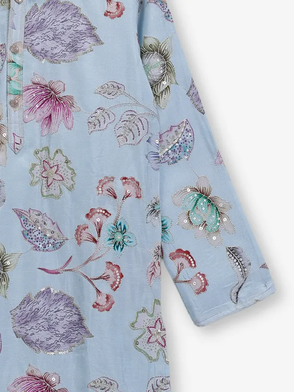 Mint blue silk boys kurta set with embroidery and floral print