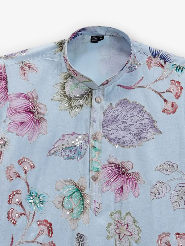 Mint blue silk boys kurta set with embroidery and floral print