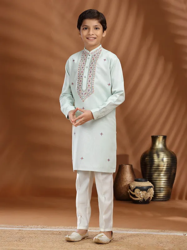 Mint blue silk embroidered kurta suit