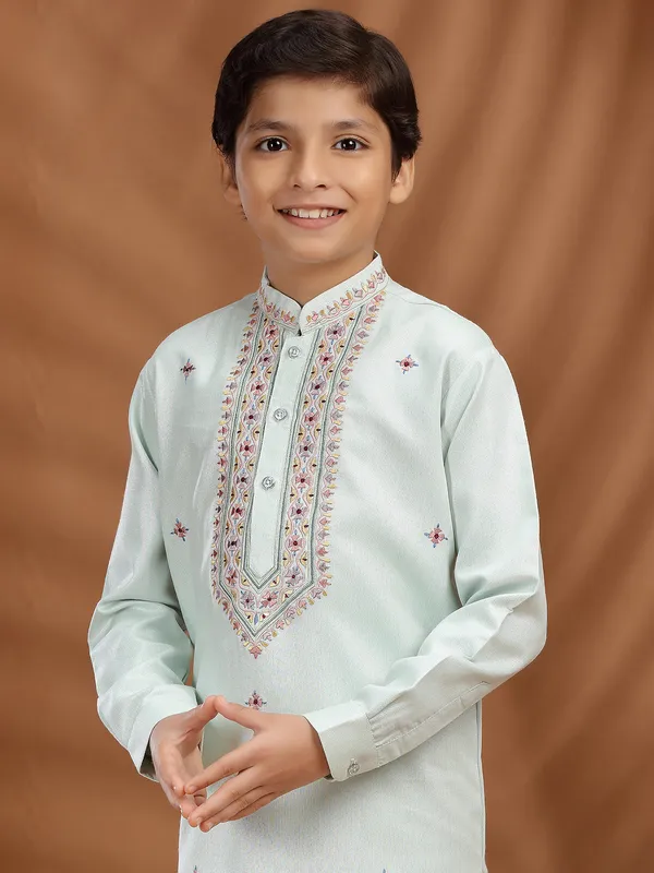 Mint blue silk embroidered kurta suit