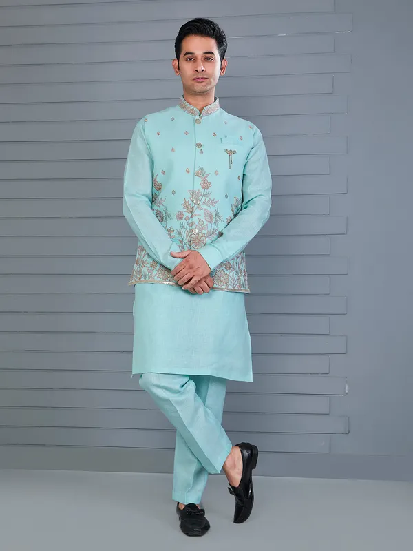 Mint blue linen embroidered work waistcoat set