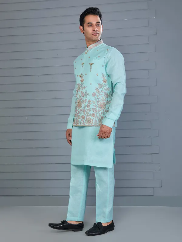 Mint blue linen embroidered work waistcoat set