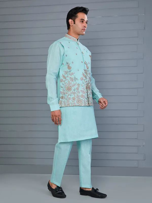 Mint blue linen embroidered work waistcoat set