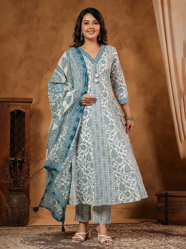 Mint blue silk kurti set with aabla detailing