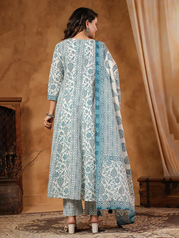 Mint blue silk kurti set with aabla detailing