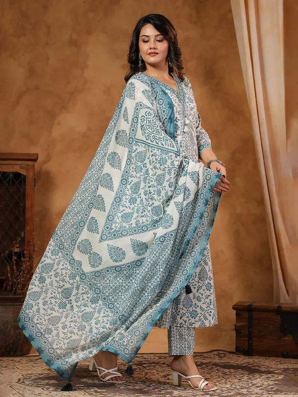 Mint blue silk kurti set with aabla detailing