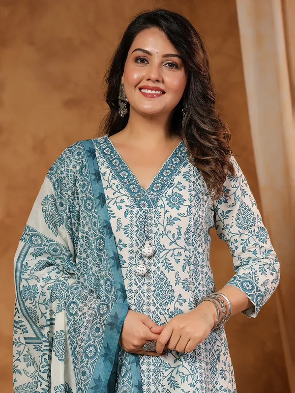Mint blue silk kurti set with aabla detailing