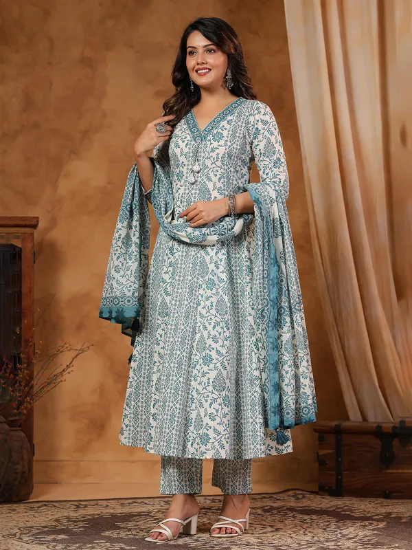 Mint blue silk kurti set with aabla detailing
