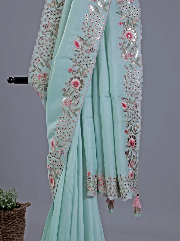Mint blue silk  saree with attractive border