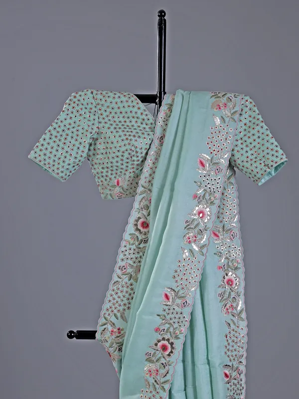 Mint blue silk  saree with attractive border