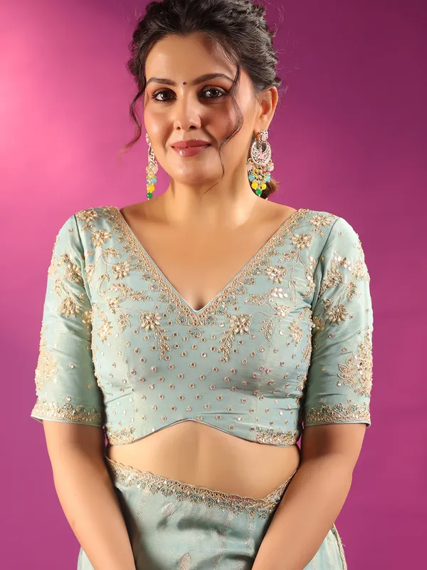 Mint blue silk saree with zari glow