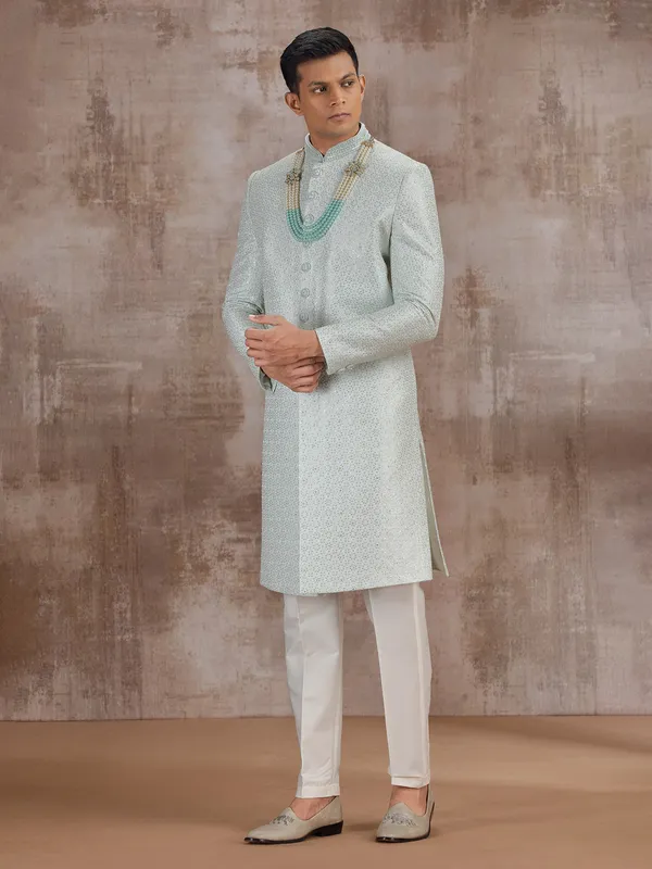 Mint blue silk sherwani for wedding groom